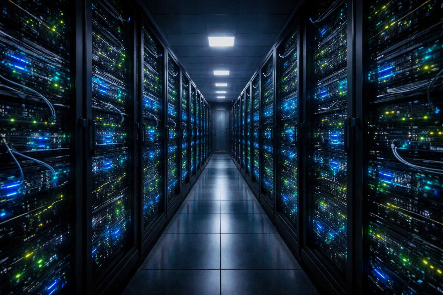 Serverraum mit leuchtenden Lichtern symbolisiert automatisierte Systeme