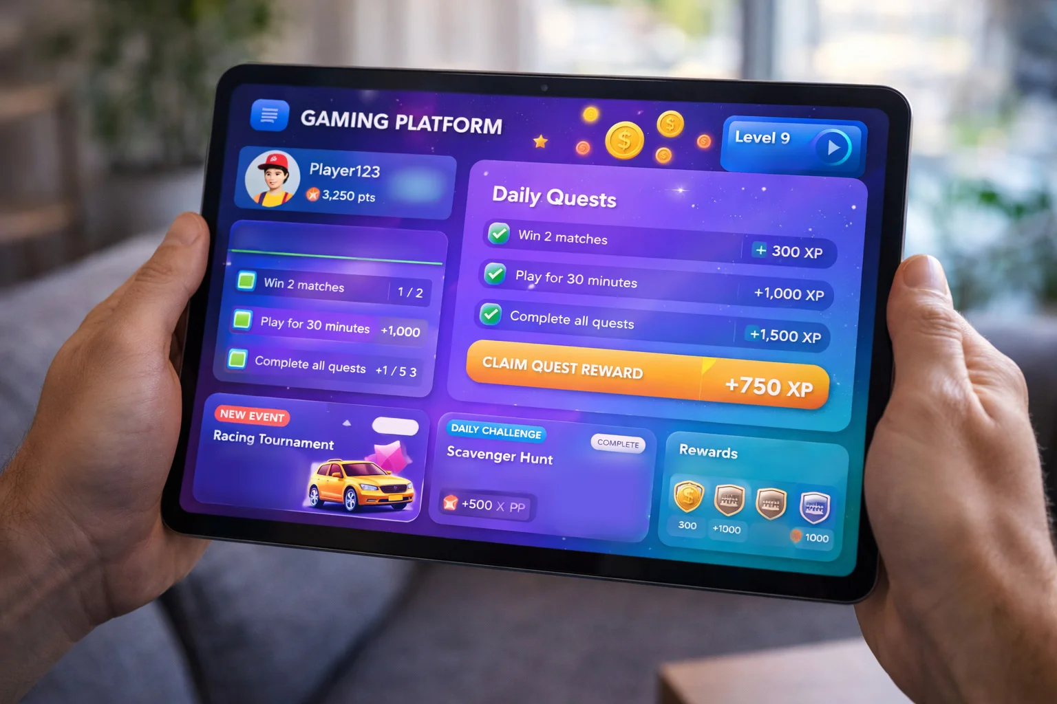 Buntes modernes Spieleplattform-Interface auf Tablet-Bildschirm
