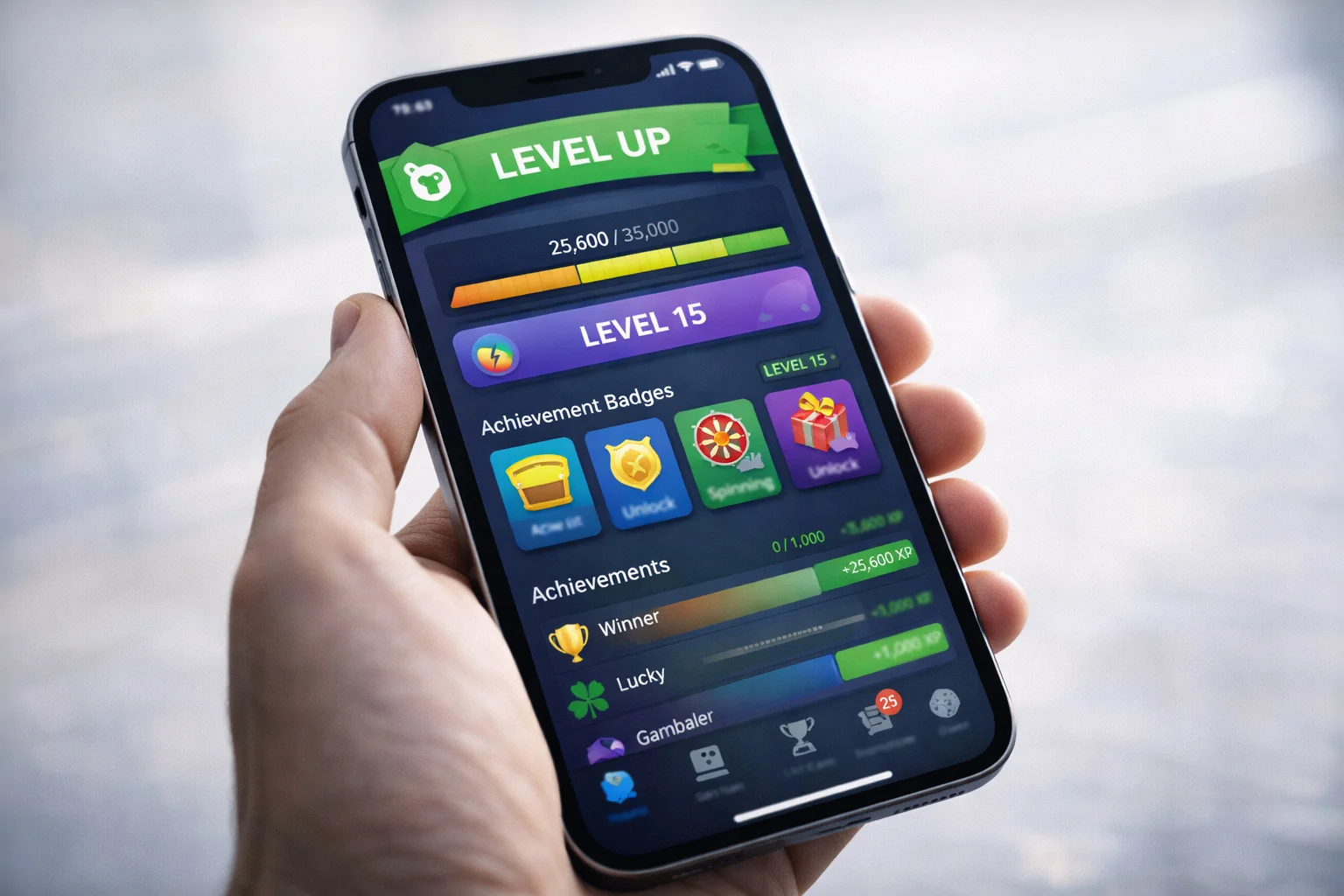 Modernes Smartphone zeigt bunte BC.Game App mit Gamification-Elementen