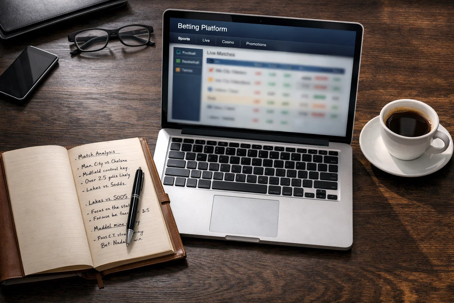 Professioneller Schreibtisch mit Laptop und Notizblock für Anbieteranalyse