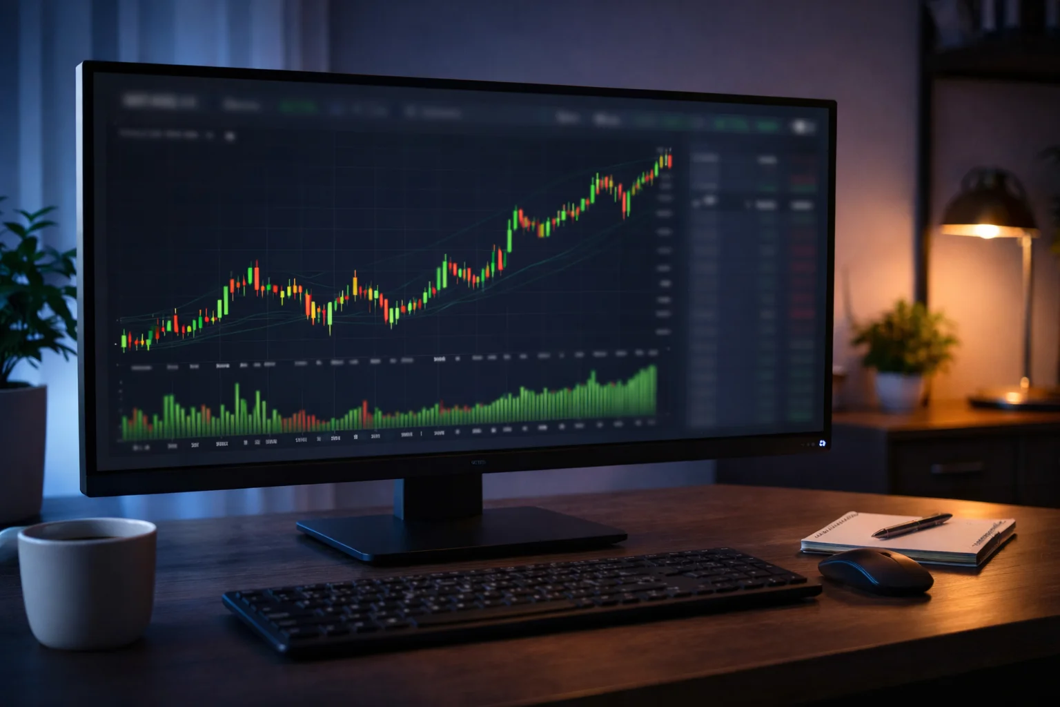 Monitor zeigt Bitcoin-Kursverlauf mit steigender Tendenz