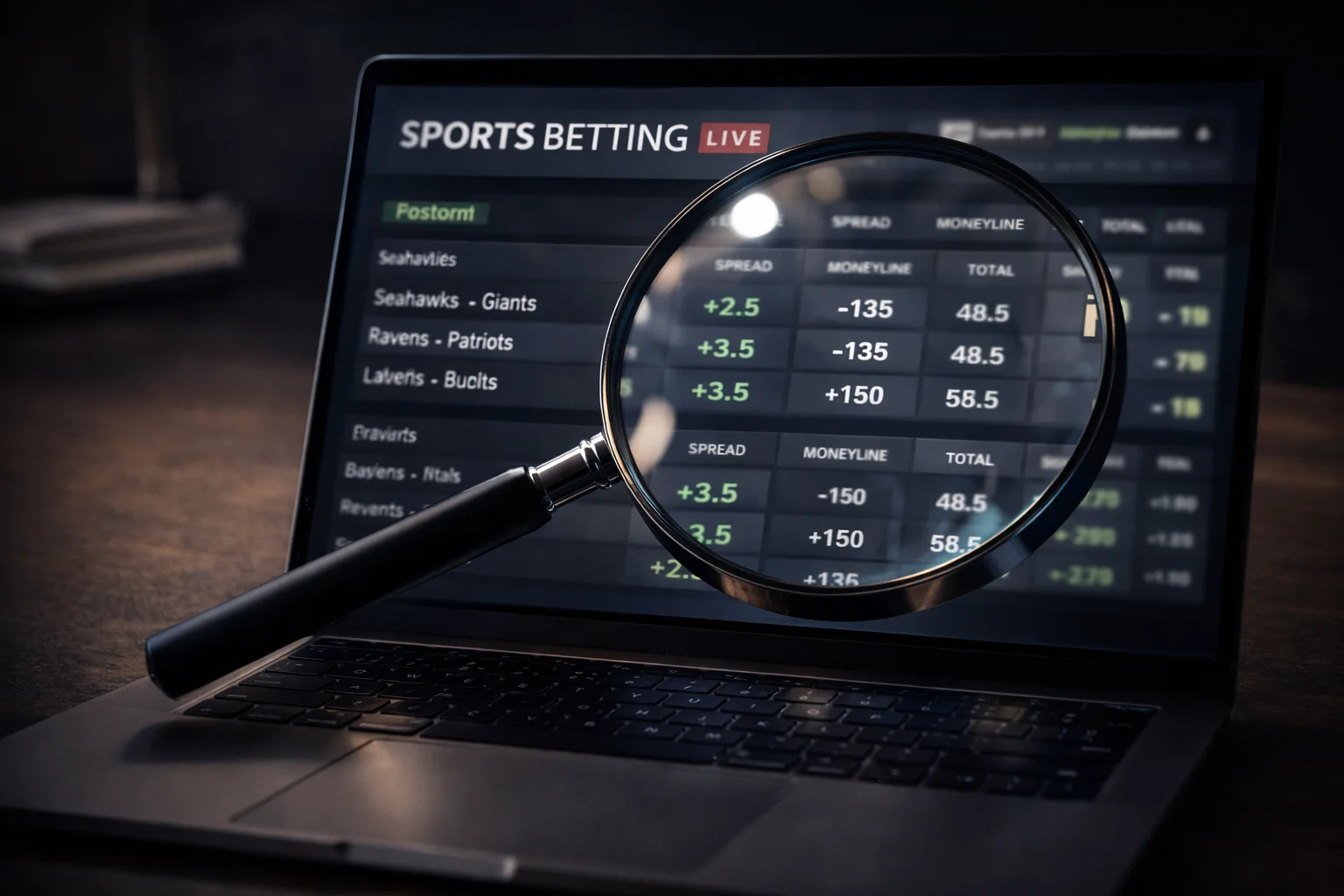 Lupe über einem Laptop mit Wettplattform symbolisiert gründliche Analyse
