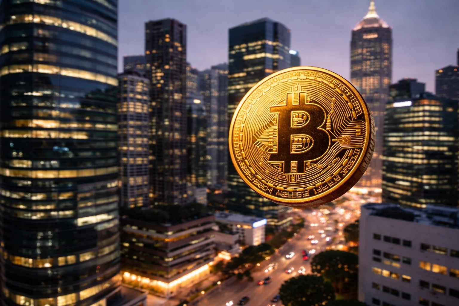 Glänzender Bitcoin vor futuristischer Stadtsilhouette bei Nacht