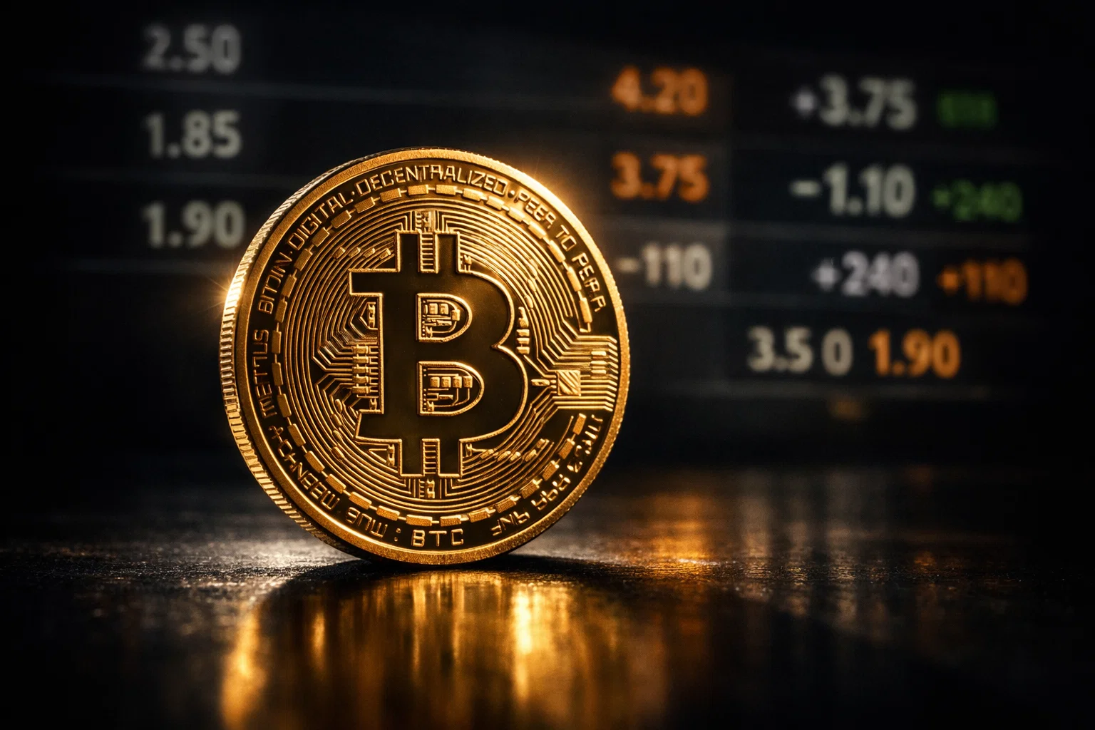 Goldener Bitcoin auf dunklem Hintergrund mit Sportstatistiken im Hintergrund