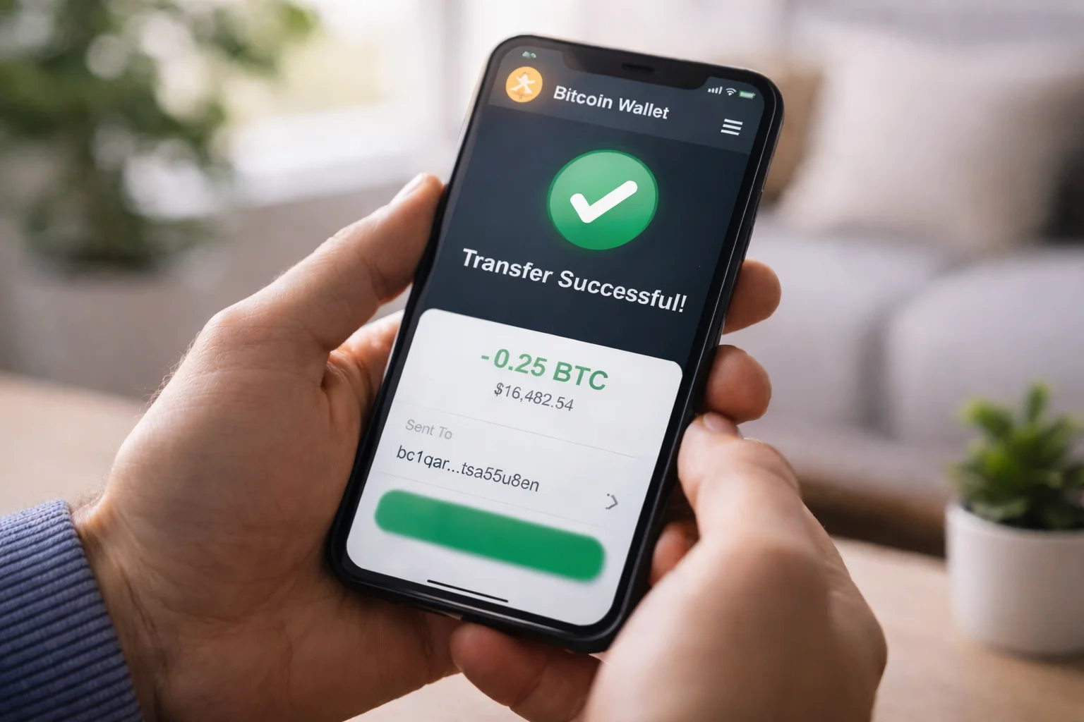 Smartphone zeigt Bitcoin-Wallet mit Transaktionsbestätigung