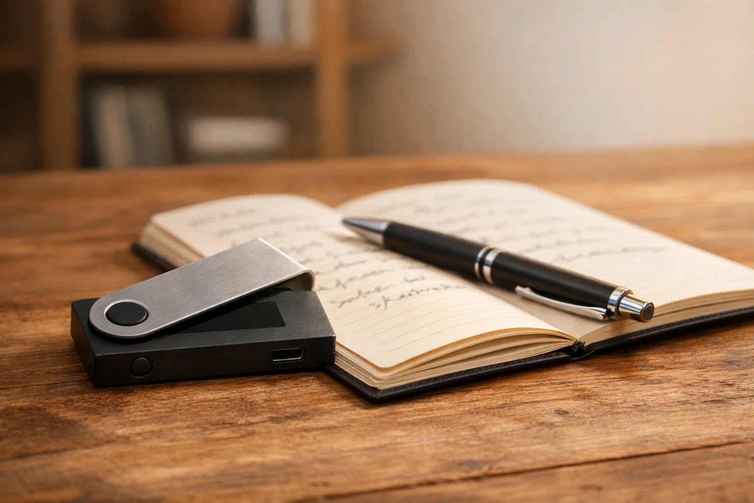 Hardware-Wallet neben einem Notizblock mit handgeschriebenen Notizen auf einem Holztisch
