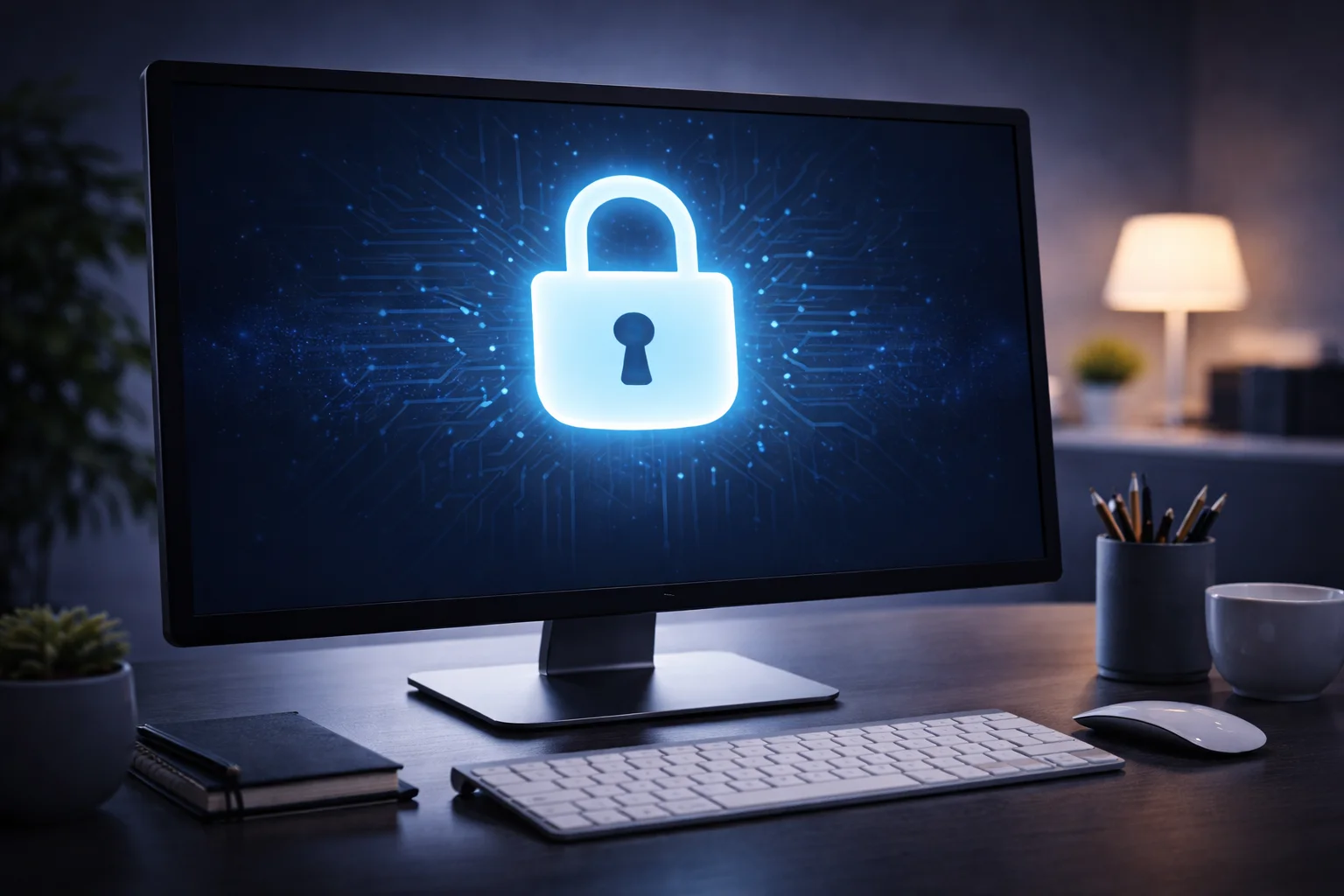 Computer mit Schloss-Symbol auf dem Bildschirm symbolisiert digitale Sicherheit