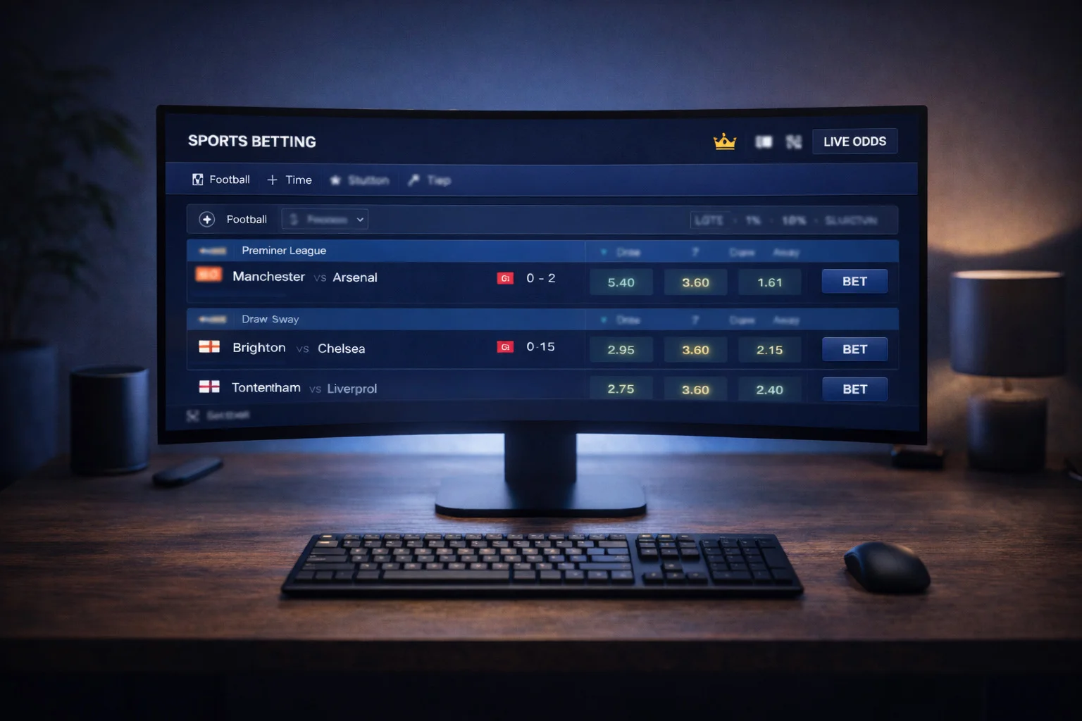Moderner Desktop-Arbeitsplatz mit großem Monitor zeigt Wettplattform