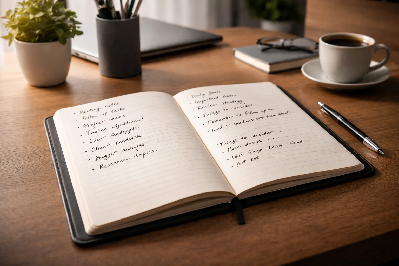 Aufgeschlagenes Notizbuch mit Stift auf einem aufgeräumten Schreibtisch