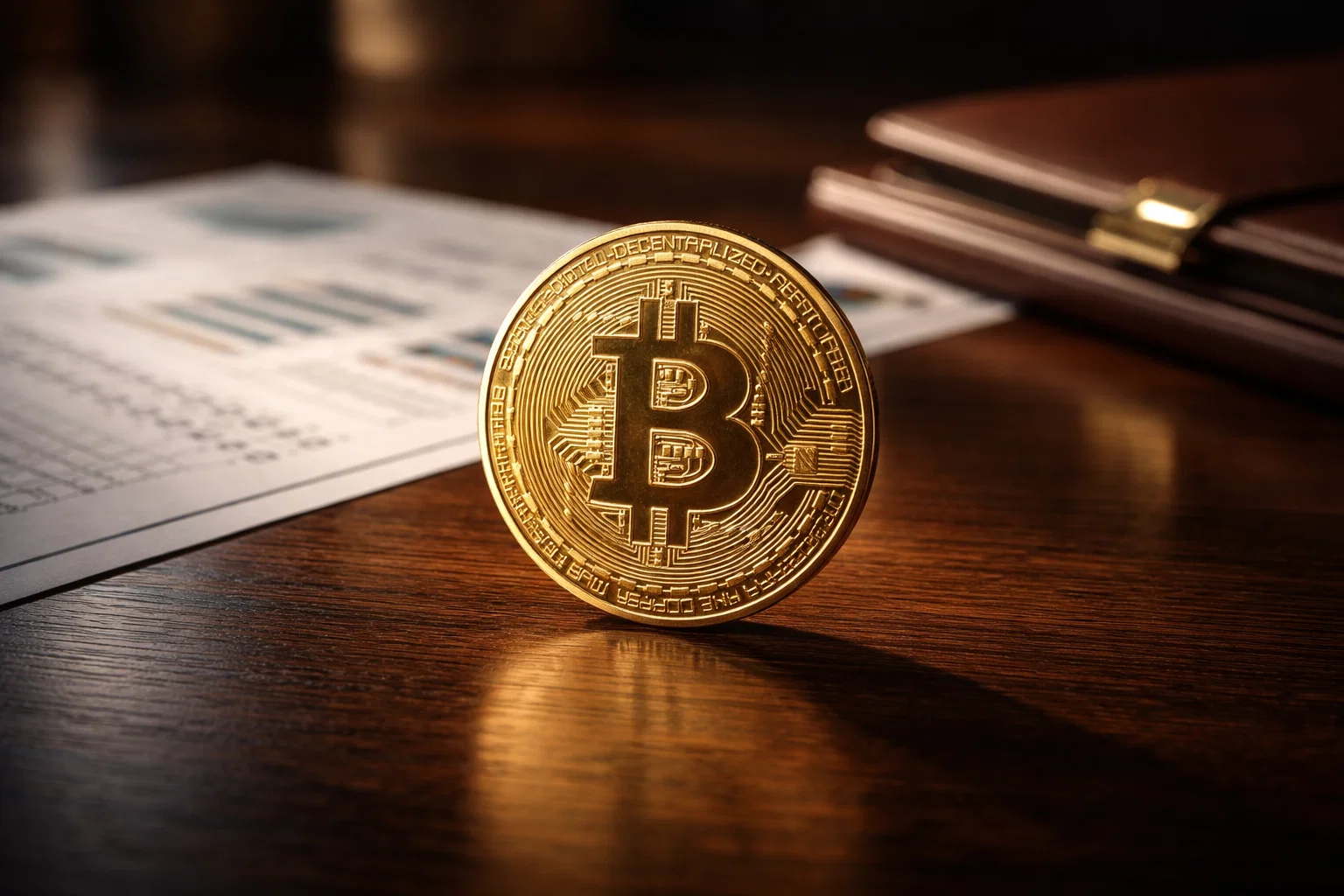 Goldene Bitcoin-Münze auf einem eleganten Schreibtisch mit Sport-Statistiken im Hintergrund