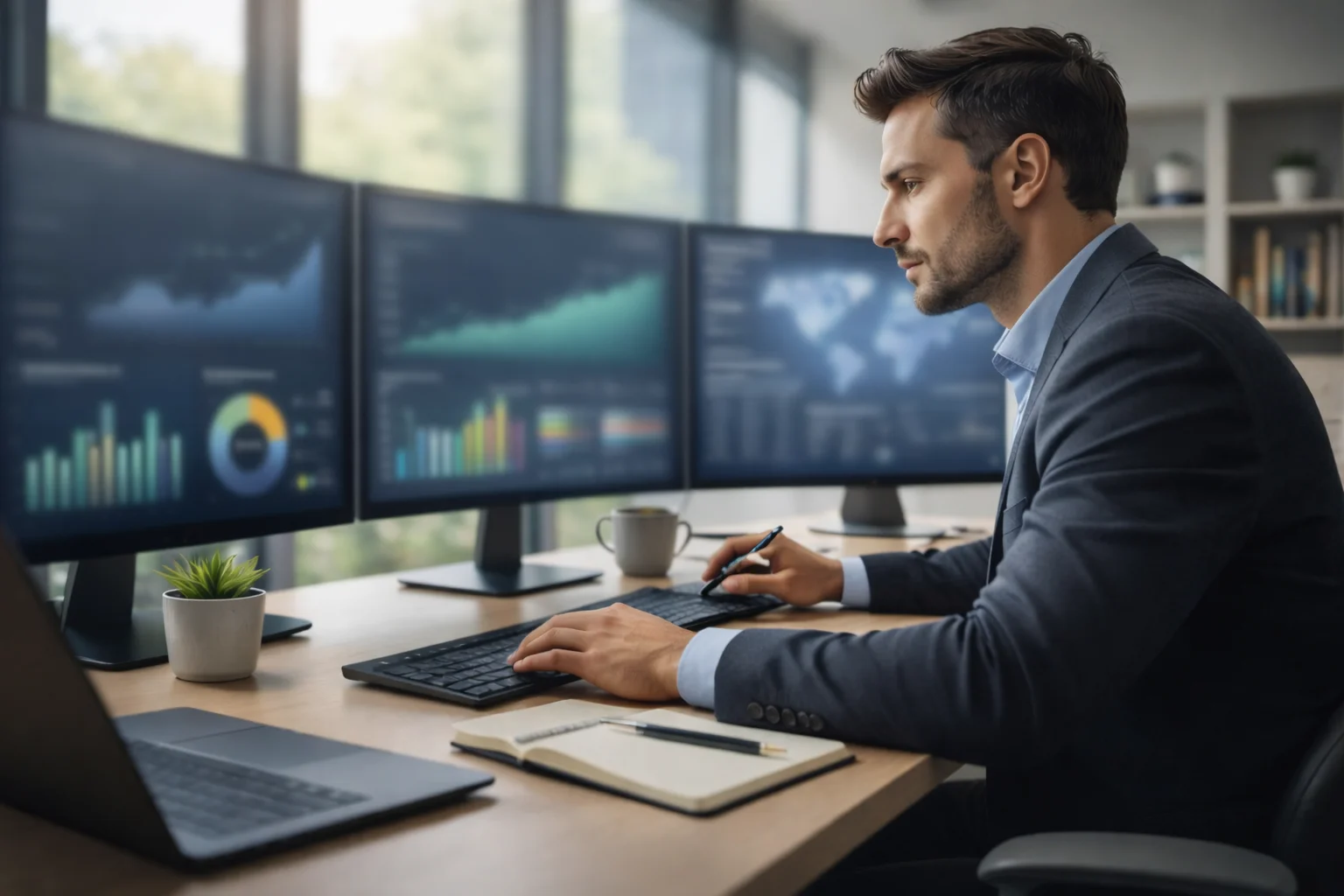 Geschäftsmann analysiert Daten auf mehreren Monitoren in modernem Büro