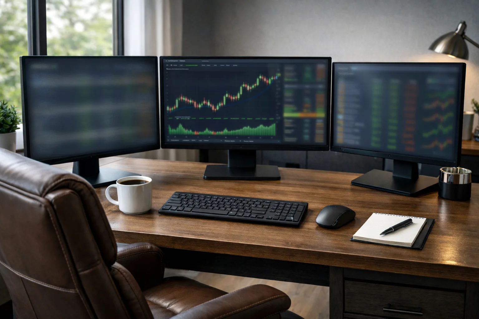 Professioneller Arbeitsplatz mit mehreren Monitoren, die Sportwetten-Quoten und Krypto-Charts zeigen