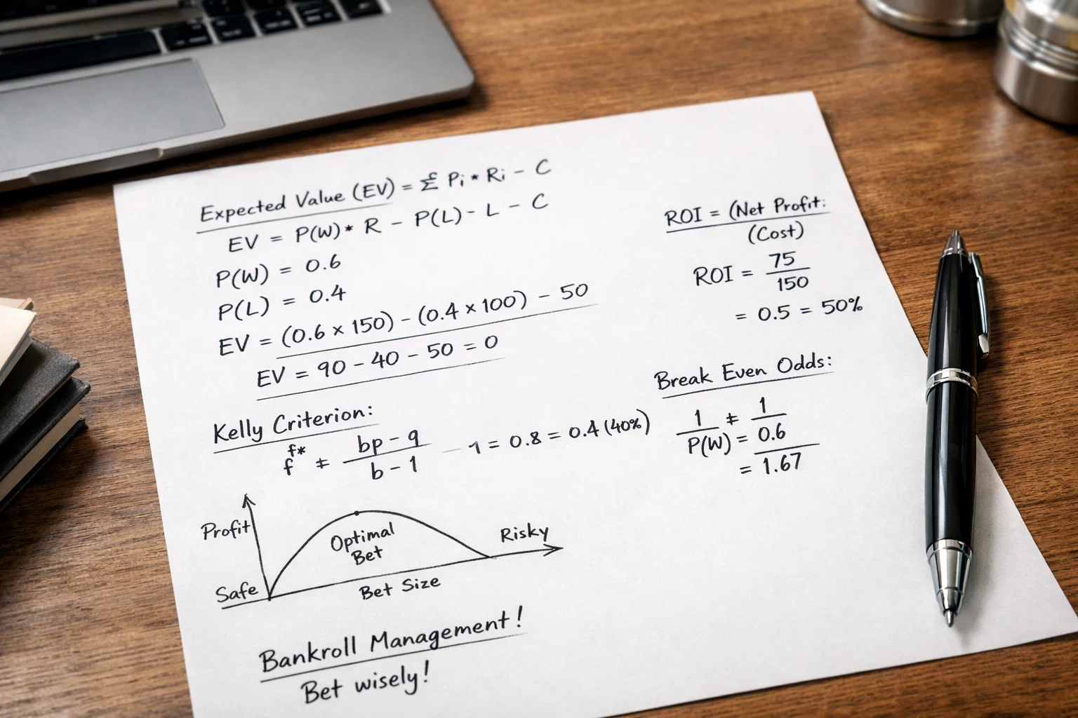 Mathematische Formeln auf Papier neben Laptop zeigen Berechnungen