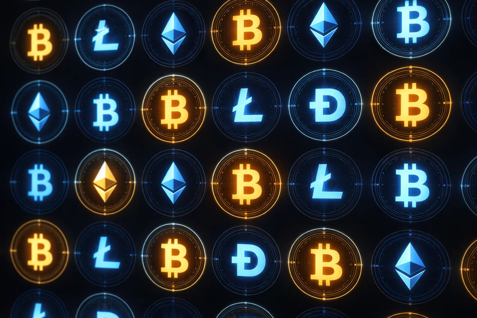 Verschiedene Kryptowährungssymbole auf einem digitalen Display