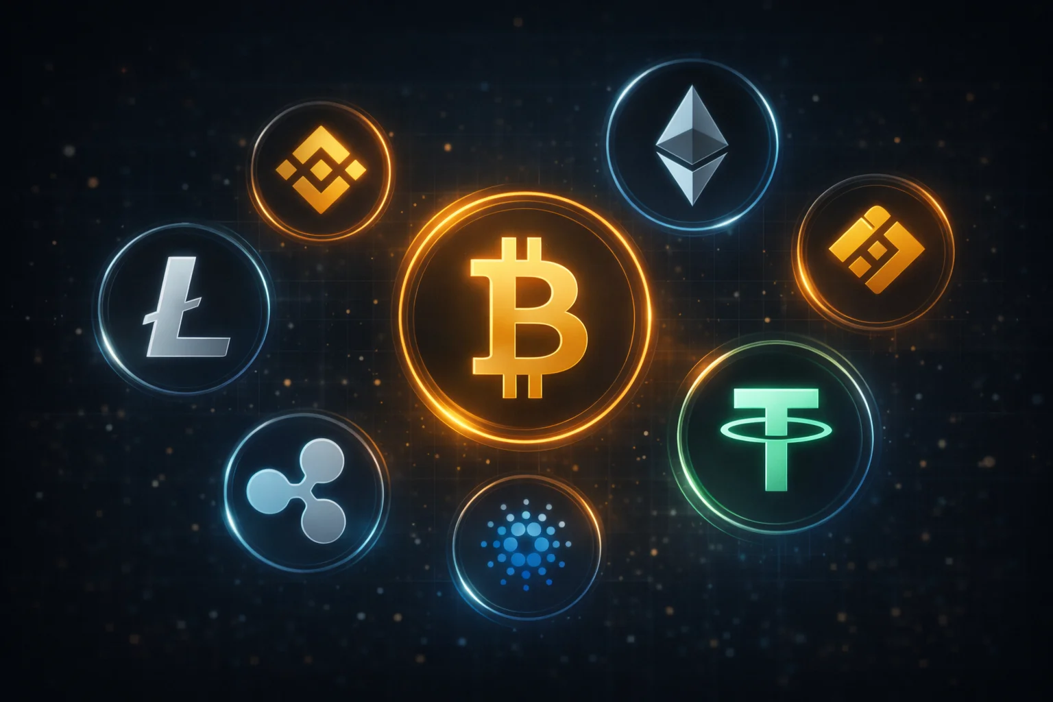Verschiedene Kryptowährungssymbole auf einem eleganten dunklen Display