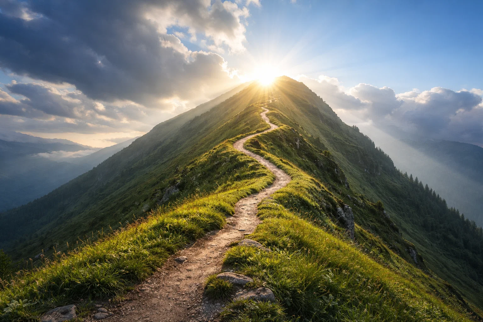 Aufsteigender Pfad auf einer Berglandschaft symbolisiert langfristigen Erfolg