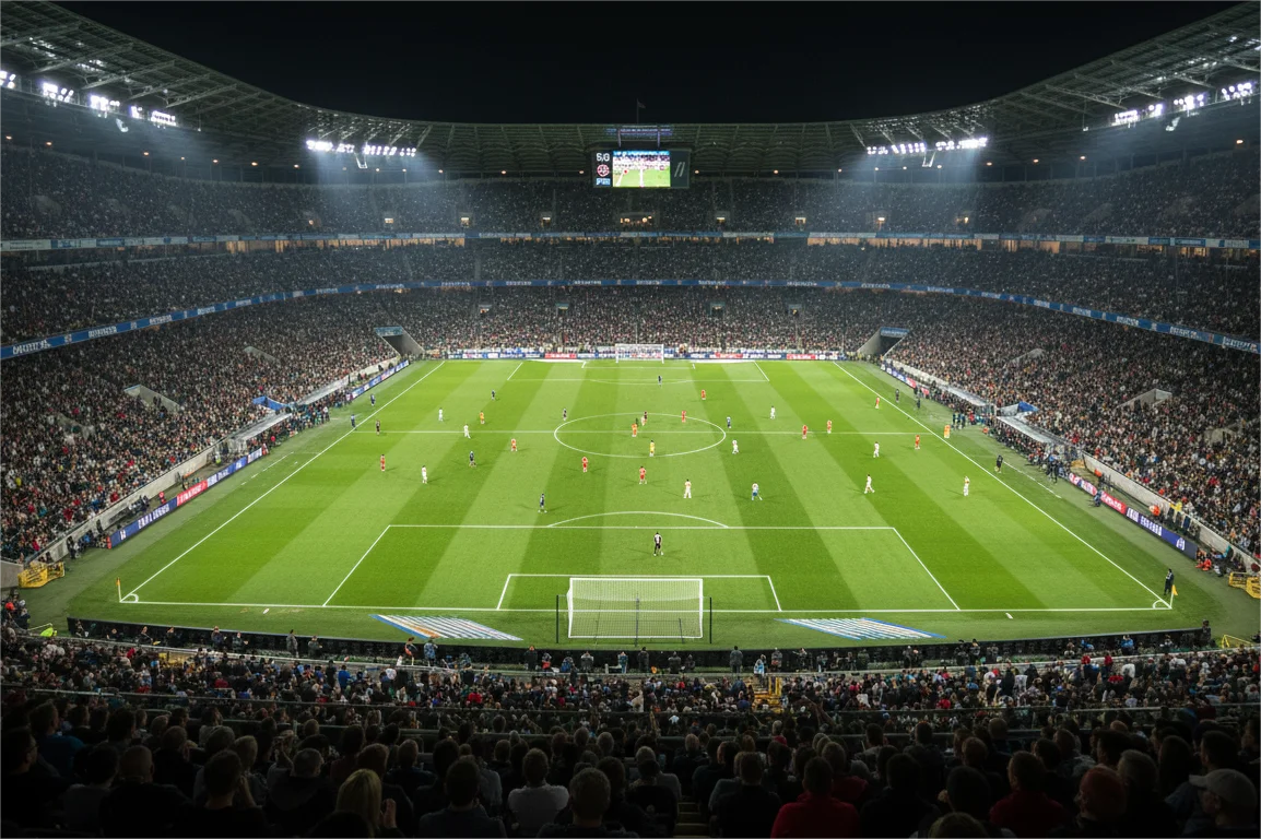 Fußballstadion mit Flutlicht bei einem Abendspiel aus Zuschauerperspektive