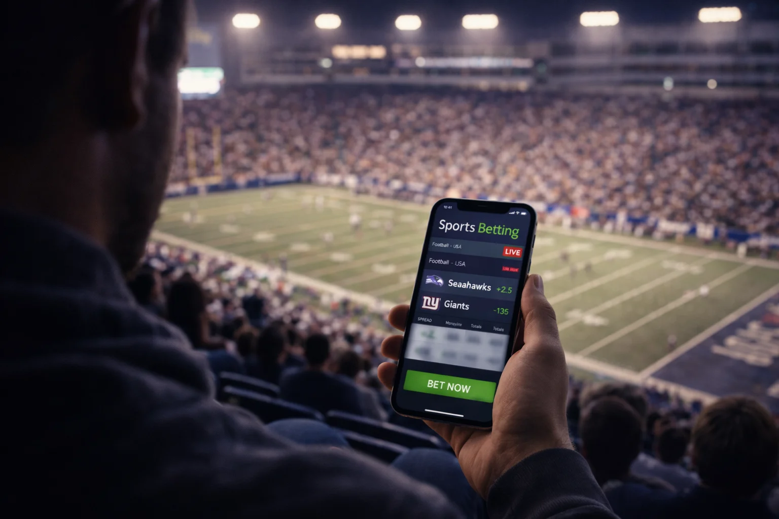 Person schaut Fußballspiel im Stadion und hält Smartphone mit Wett-App
