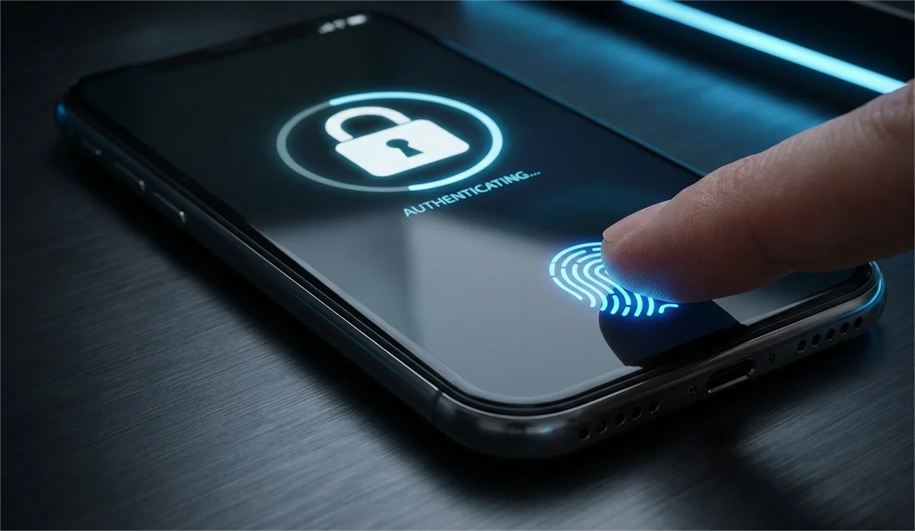 Smartphone mit Fingerabdruck-Scanner und Schloss-Symbol für sichere Authentifizierung