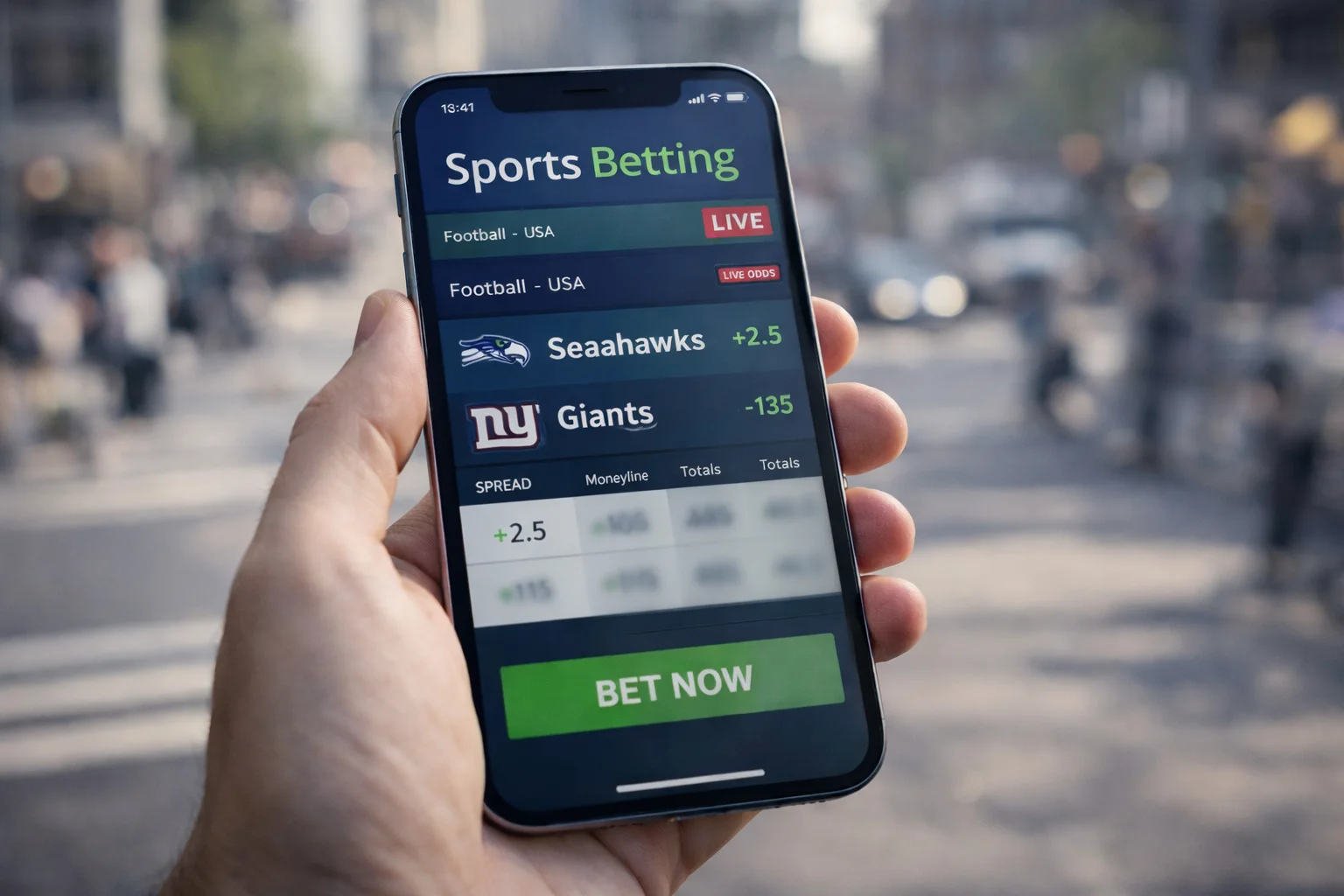 Smartphone in der Hand zeigt Sportwetten-App mit Live-Quoten