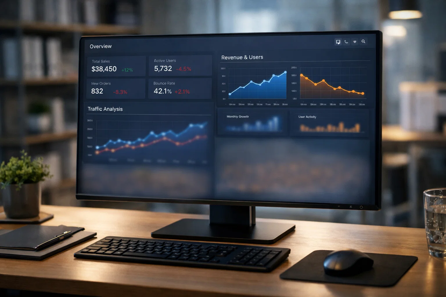 Bildschirm zeigt übersichtliches Monitoring-Dashboard mit Grafiken