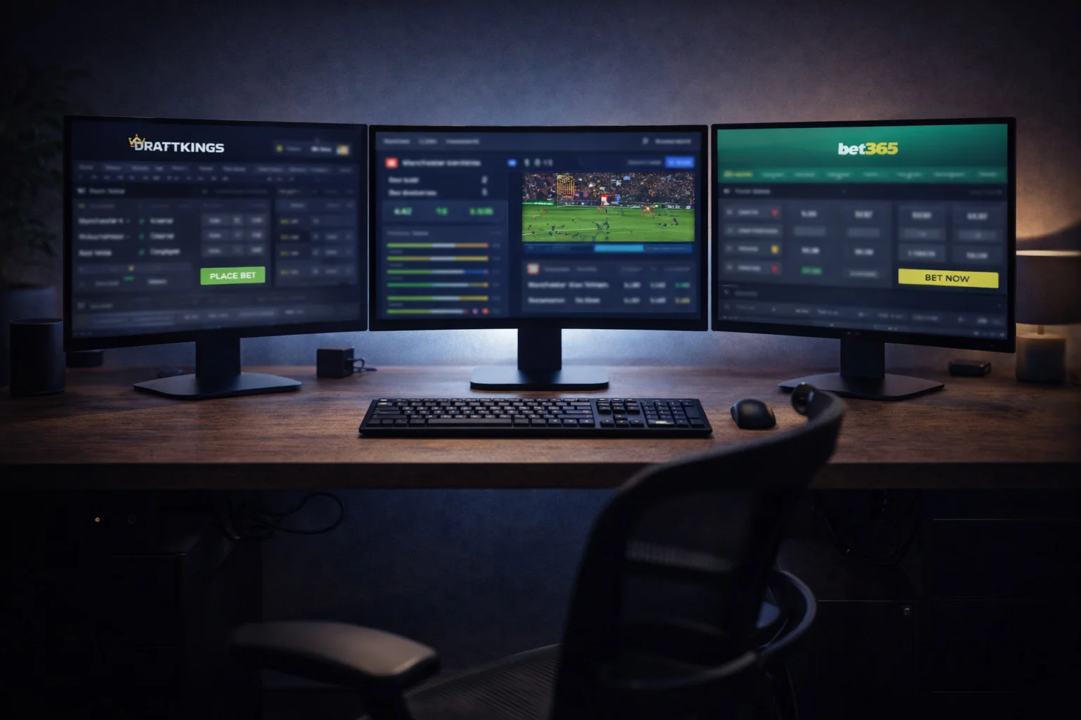 Professioneller Arbeitsplatz mit drei Monitoren zeigt Wettplattformen und Statistiken