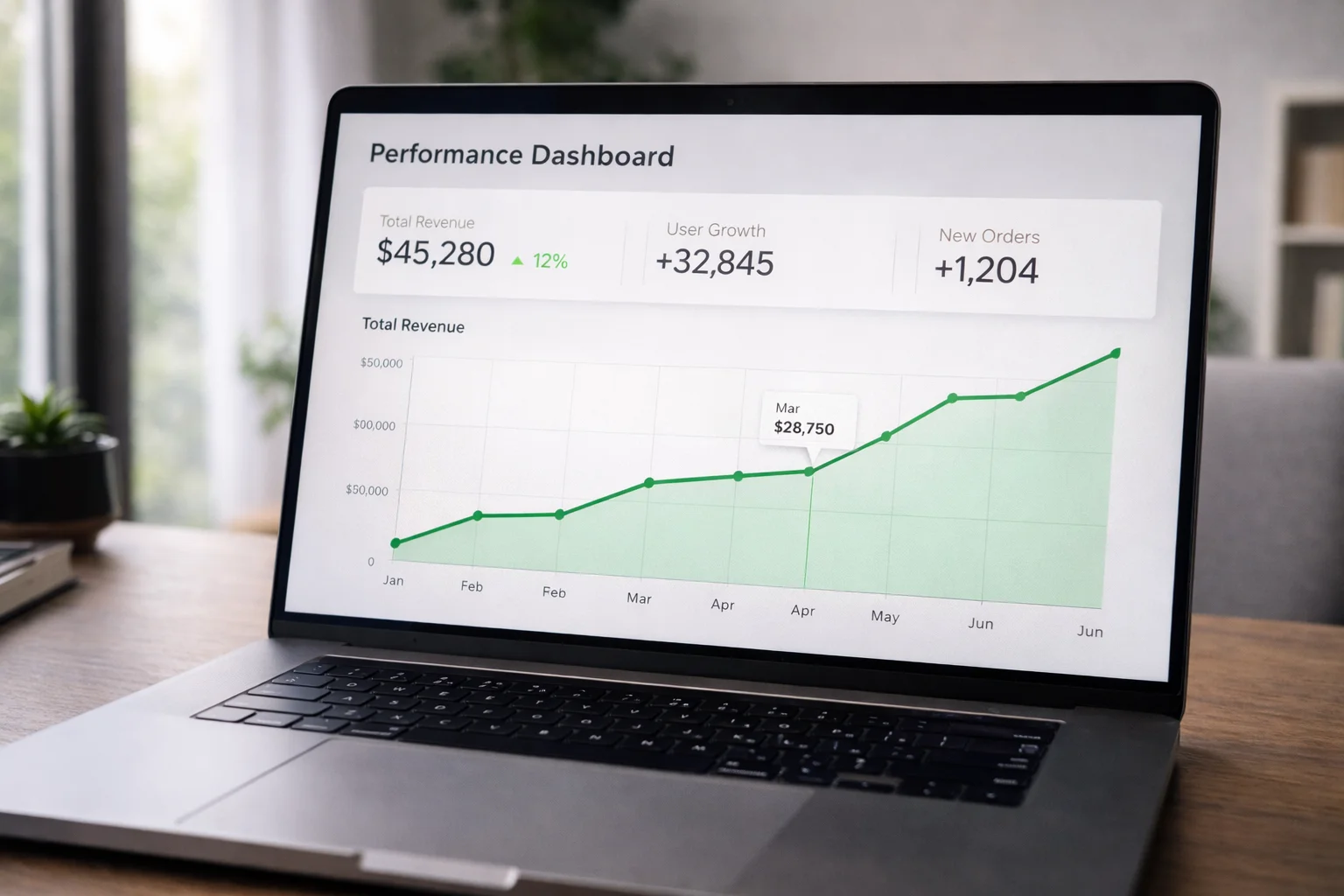 Laptop zeigt übersichtliche Leistungsstatistik mit aufsteigender Kurve