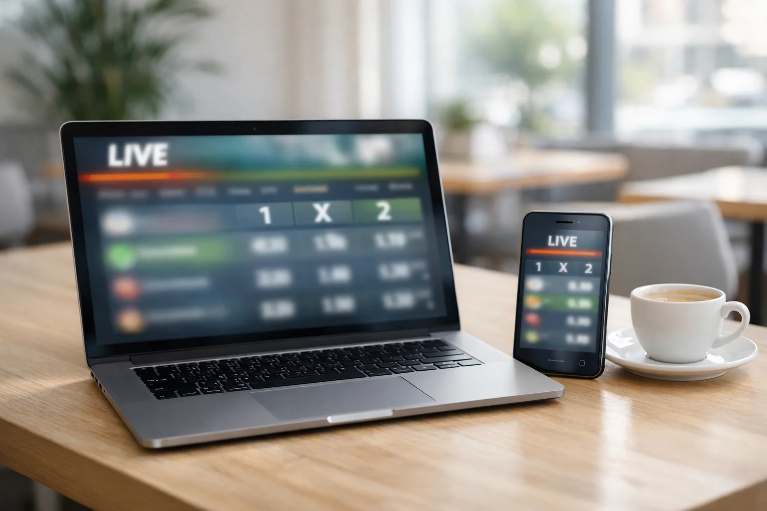 Laptop mit geöffneter Sportwetten-Plattform neben einem Smartphone und einer Tasse Kaffee auf einem modernen Schreibtisch