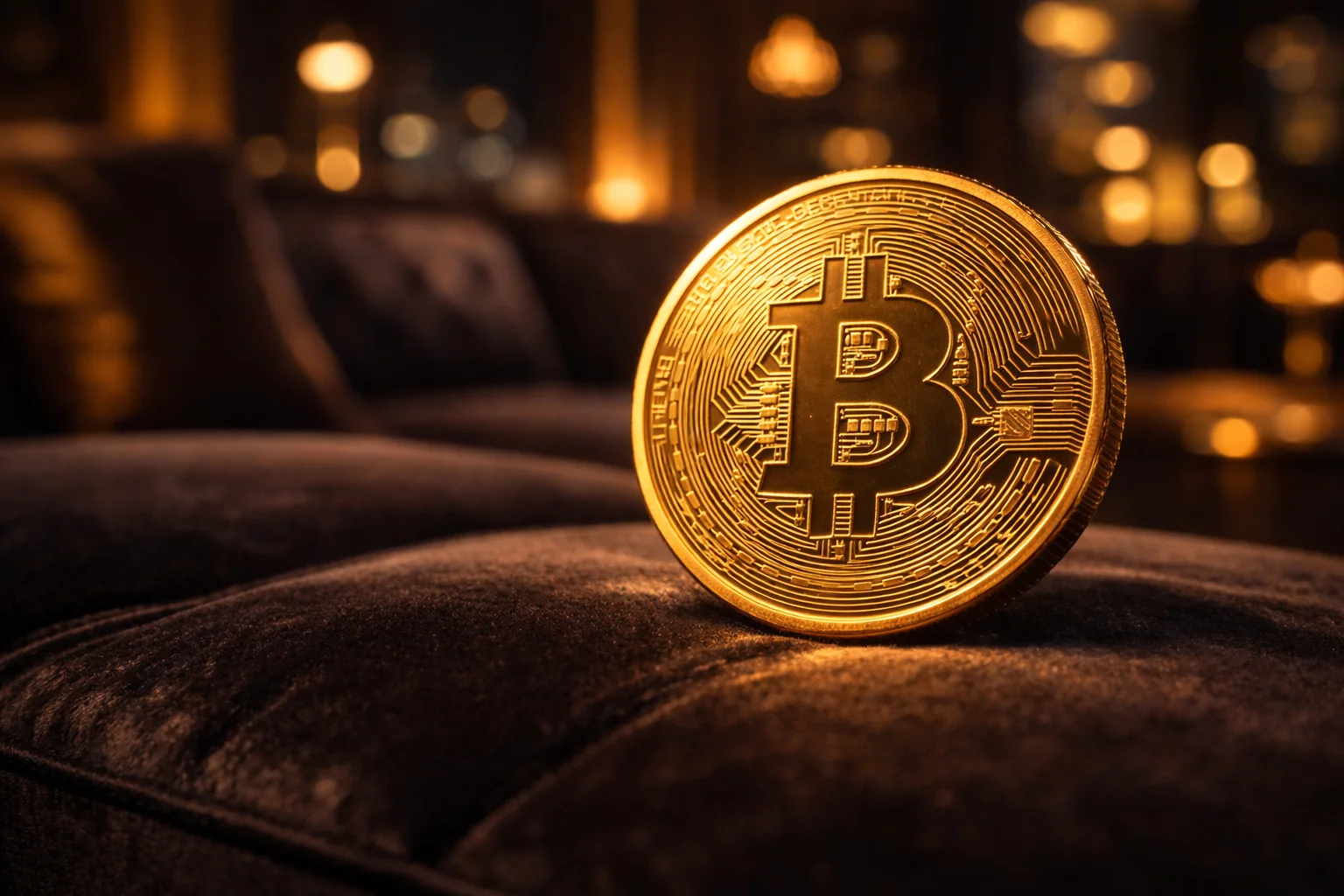 Goldener Bitcoin vor exklusiver Lounge-Atmosphäre mit gedämpftem Licht