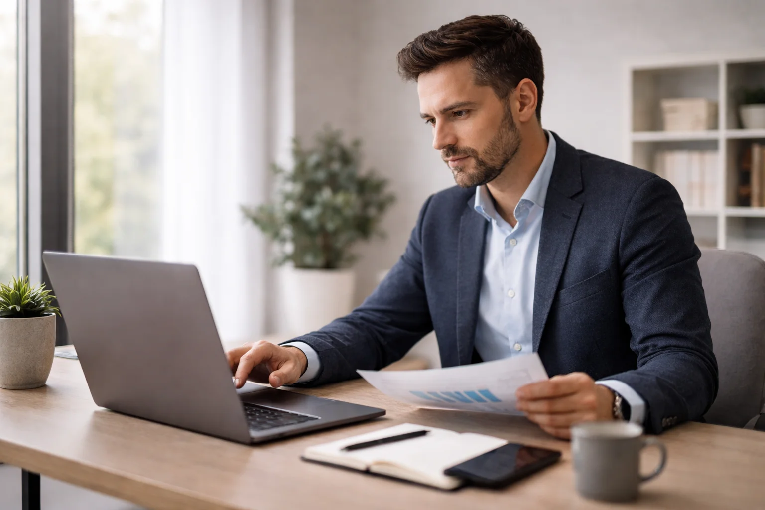 Konzentrierter Mann analysiert Daten auf Laptop in ruhiger Umgebung