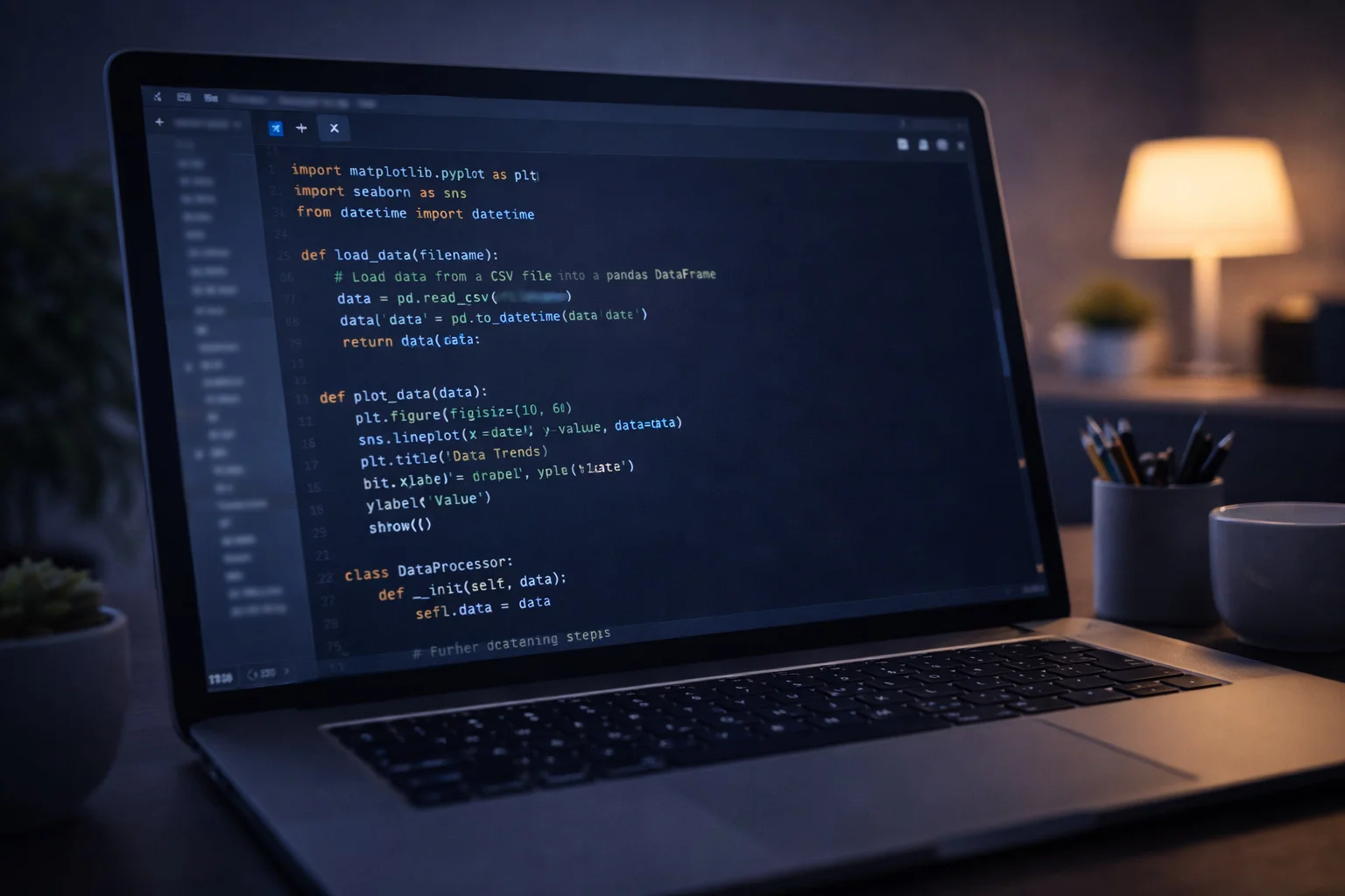 Laptop zeigt Programmiercode auf dunklem Bildschirm