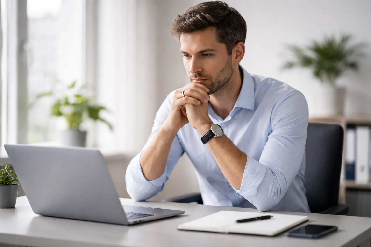 Konzentrierter Mann am Schreibtisch symbolisiert mentale Stärke und Disziplin
