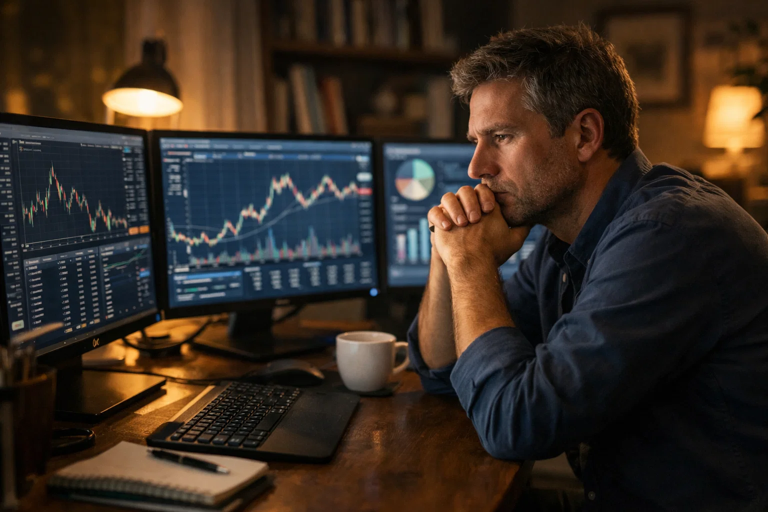 Nachdenklicher Mann vor Computerbildschirm reflektiert über Ergebnisse