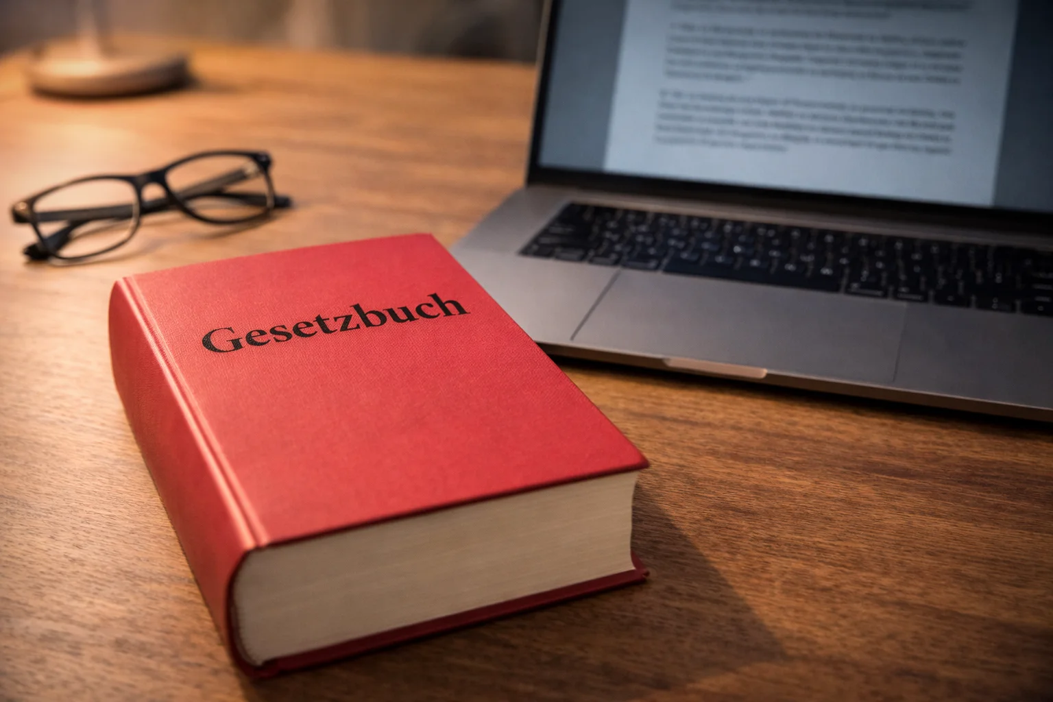 Gesetzbuch und Laptop auf einem Schreibtisch symbolisieren rechtliche Rahmenbedingungen