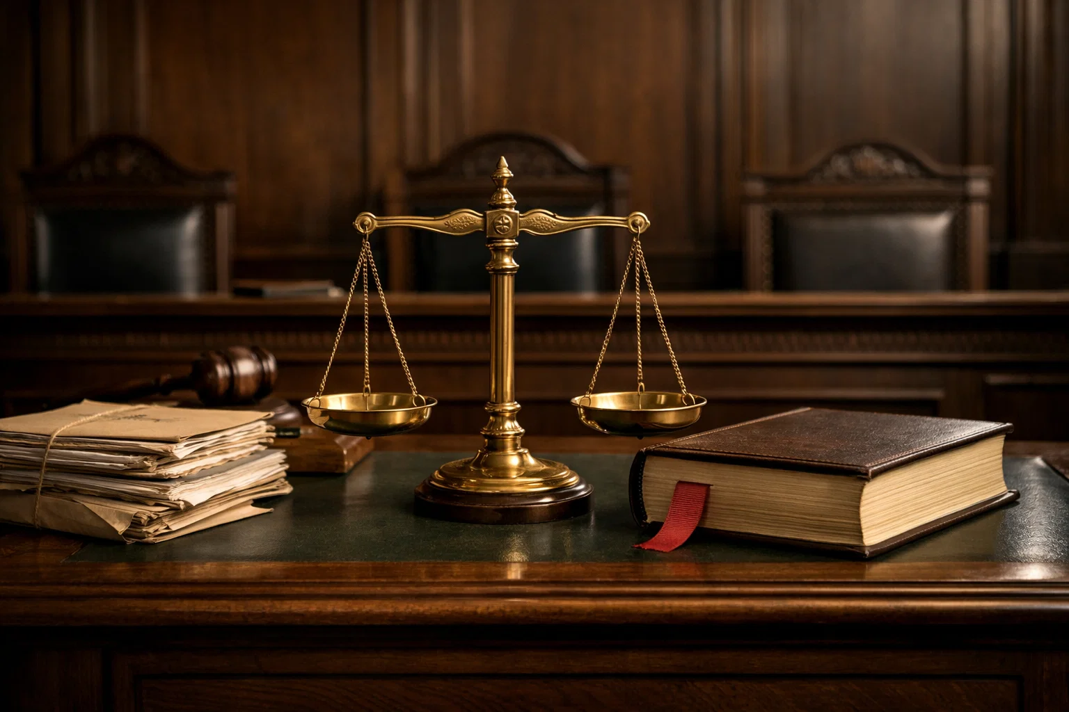 Deutscher Gerichtssaal mit Waage der Gerechtigkeit und Dokumenten auf einem Richtertisch