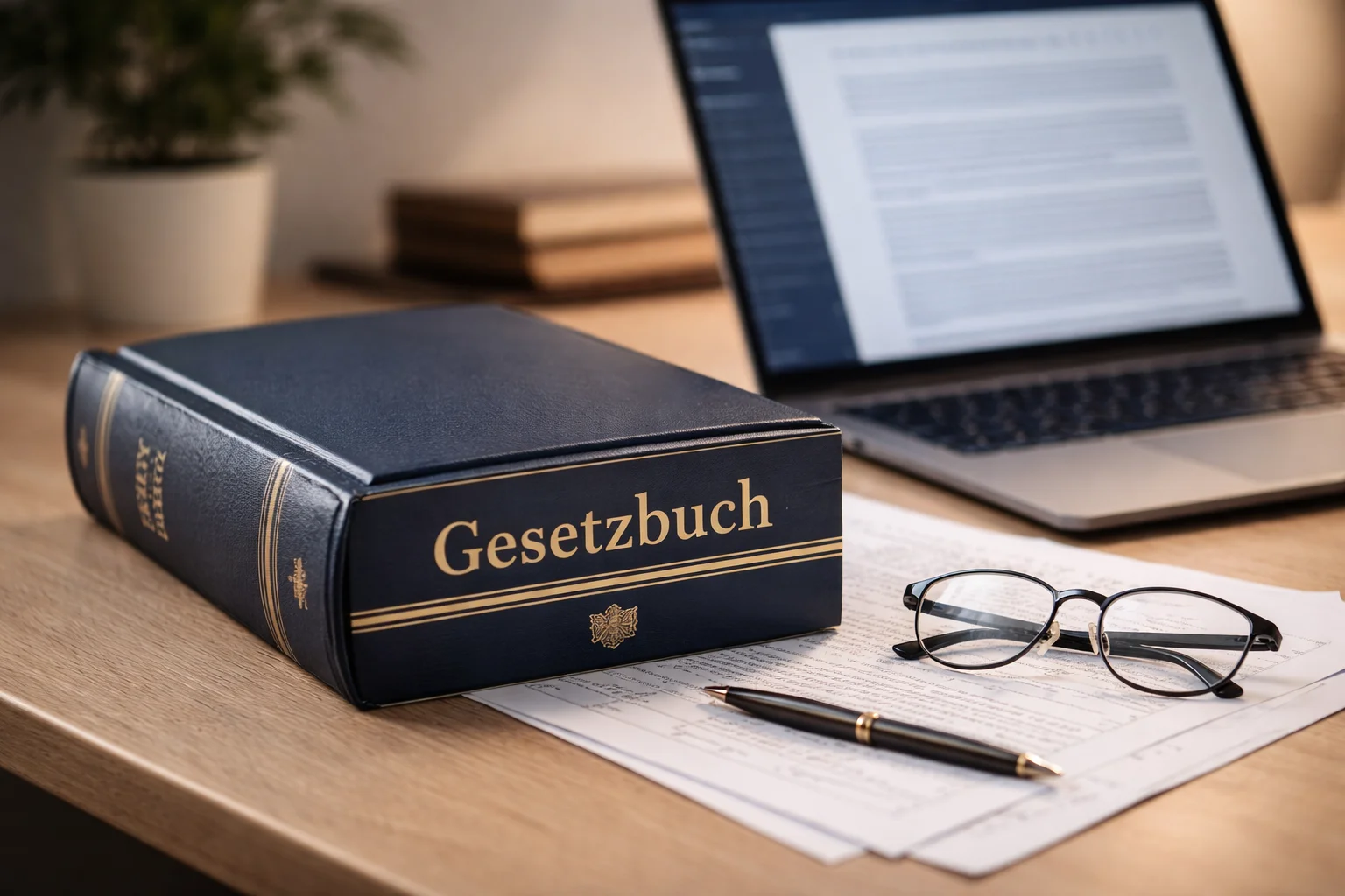 Deutsches Gesetzbuch neben Laptop mit juristischen Dokumenten