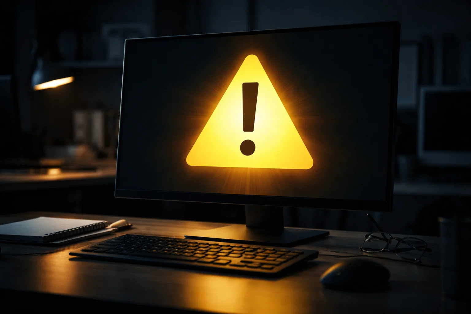 Warnschild-Symbol auf Computerbildschirm zeigt Risikohinweis