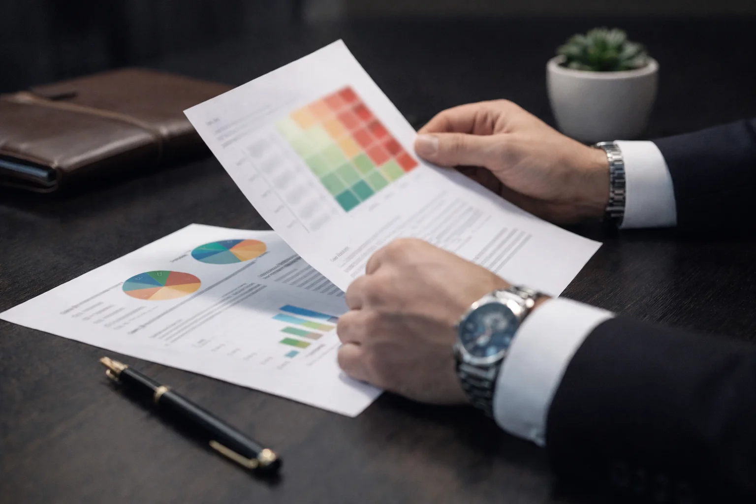 Geschäftsmann analysiert Dokumente und Risikobewertungen an einem aufgeräumten Arbeitsplatz