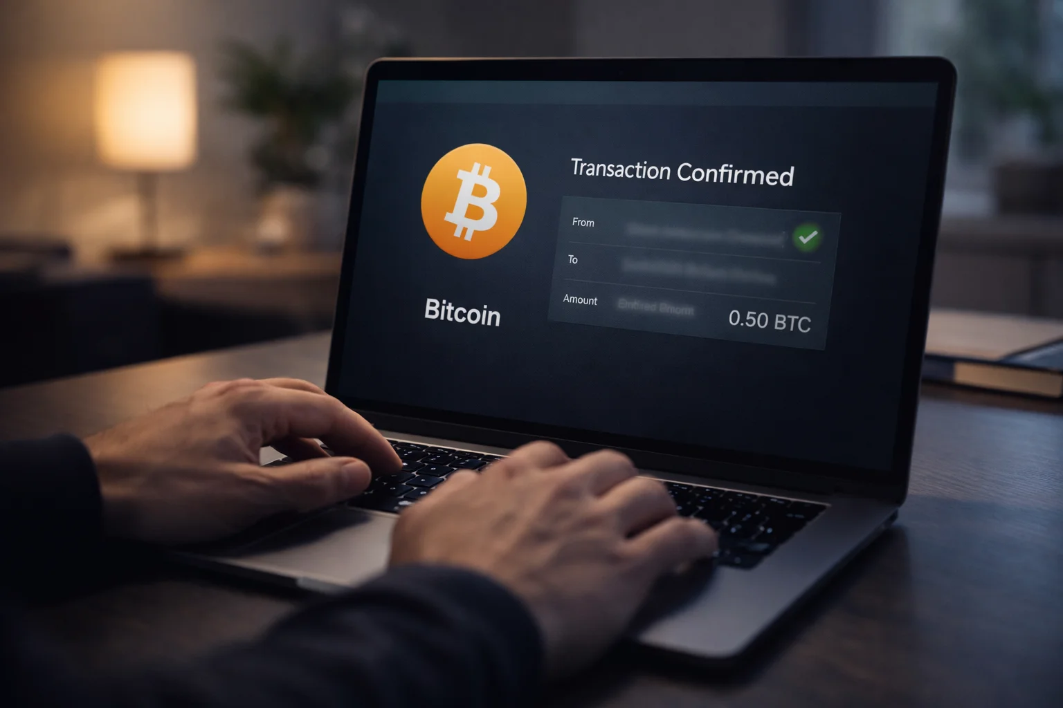 Person führt sichere Krypto-Transaktion am Laptop durch
