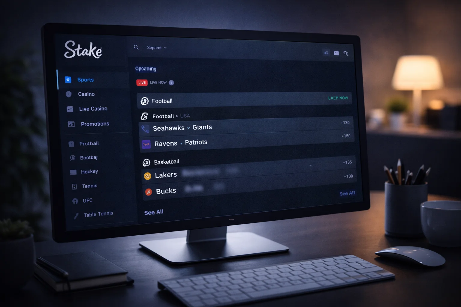 Stake Webseite mit dunklem Design und übersichtlicher Sportwetten-Navigation