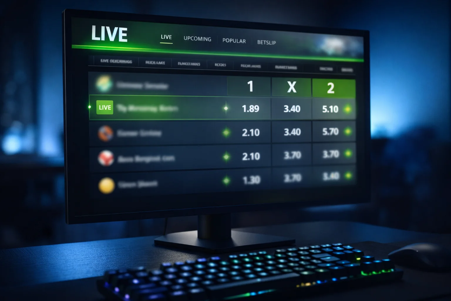 Moderne Sportwetten-Plattform mit dunklem Design auf großem Monitor