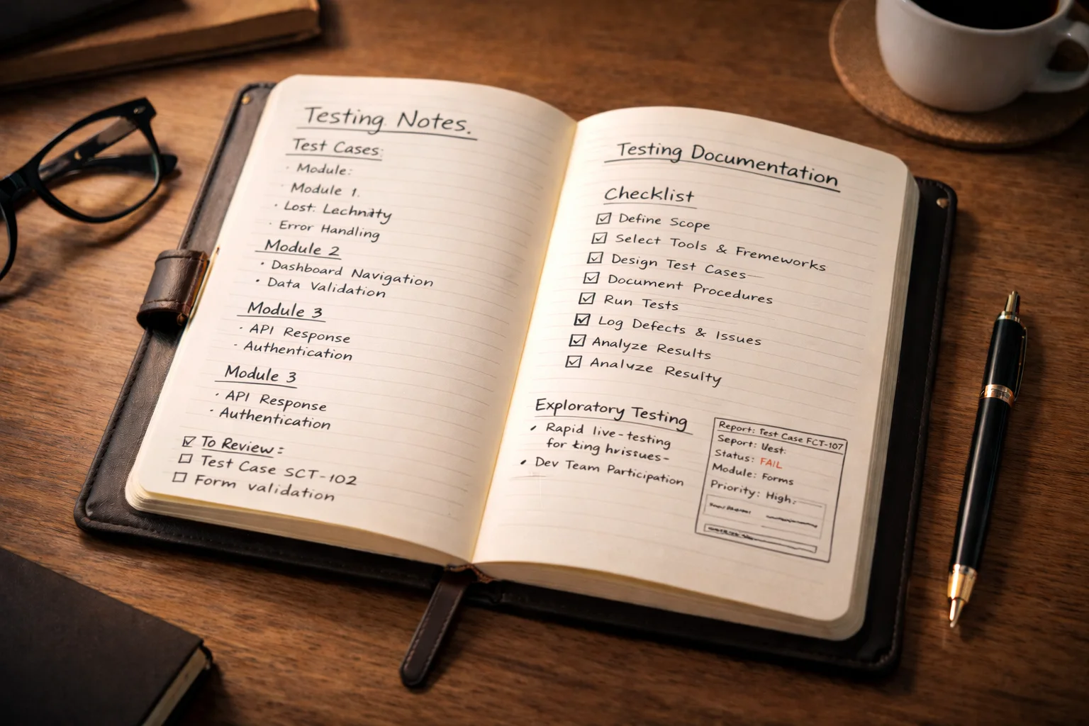 Aufgeschlagenes Notizbuch mit Stift dokumentiert Testergebnisse